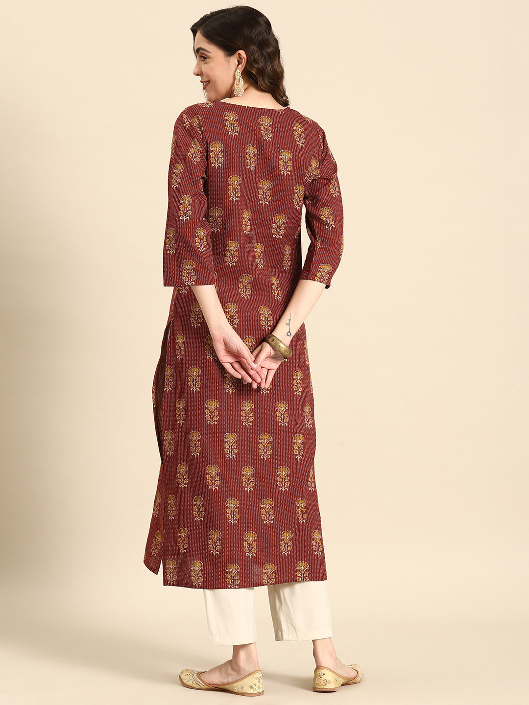 Women Maroon Printed Straight Kurta With Three Quarter Sleeves | LASVINI - Redefining Indian Fashion with Elegance