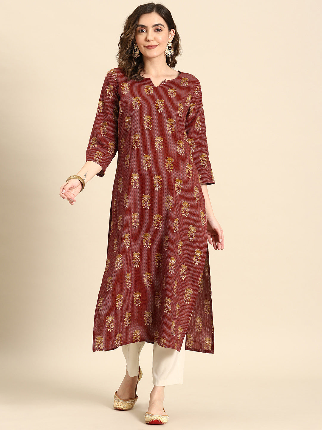 Women Maroon Printed Straight Kurta With Three Quarter Sleeves | LASVINI - Redefining Indian Fashion with Elegance