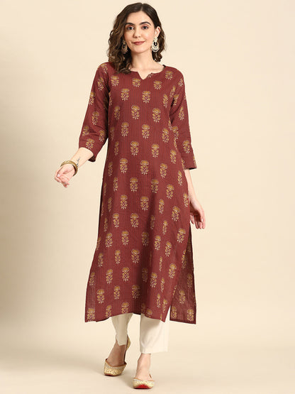 Women Maroon Printed Straight Kurta With Three Quarter Sleeves | LASVINI - Redefining Indian Fashion with Elegance