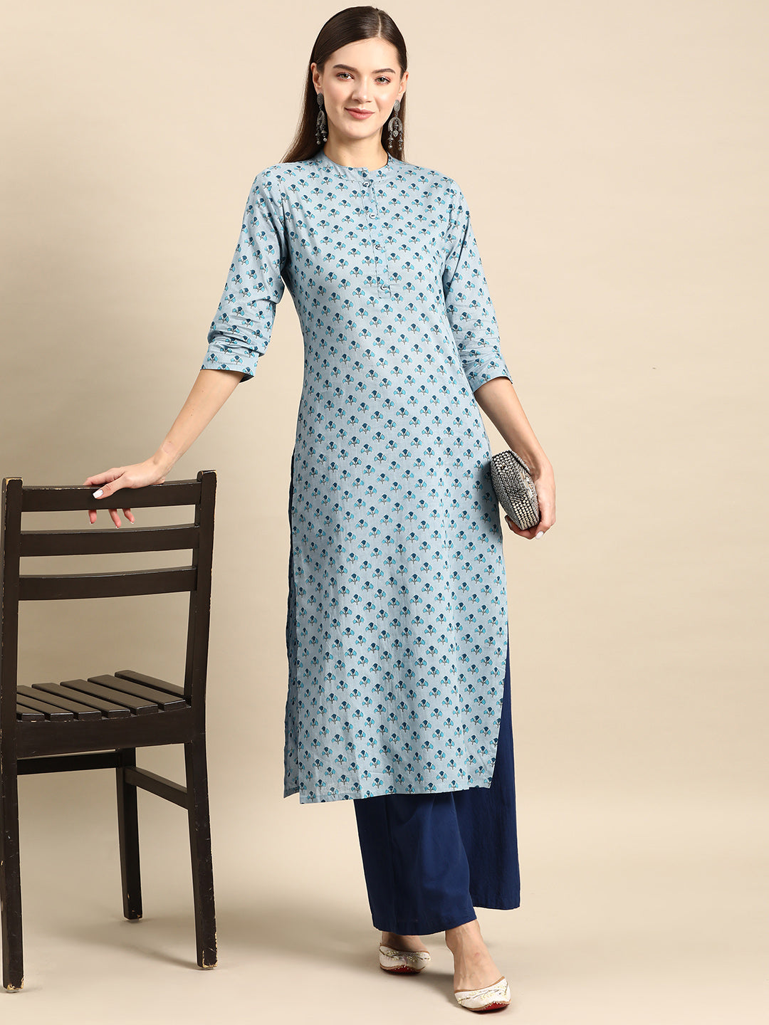 Women Blue Ethnic Printed Straight Kurta With Three Quarter Sleeves | LASVINI - Redefining Indian Fashion with Elegance