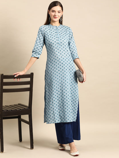 Women Blue Ethnic Printed Straight Kurta With Three Quarter Sleeves | LASVINI - Redefining Indian Fashion with Elegance