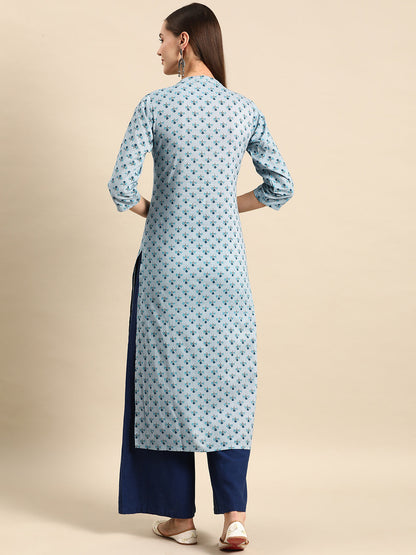 Women Blue Ethnic Printed Straight Kurta With Three Quarter Sleeves | LASVINI - Redefining Indian Fashion with Elegance