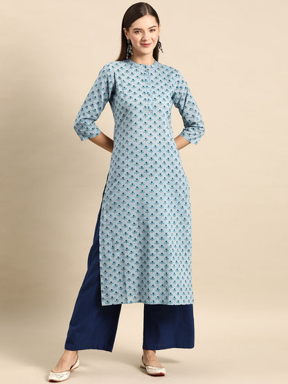 Women Blue Ethnic Printed Straight Kurta With Three Quarter Sleeves | LASVINI - Redefining Indian Fashion with Elegance