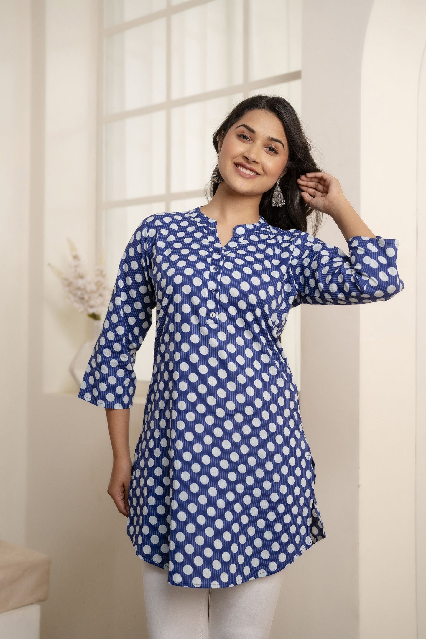 Women Blue Straight Tunic With Three Quarter Sleeves | LASVINI - Redefining Indian Fashion with Elegance