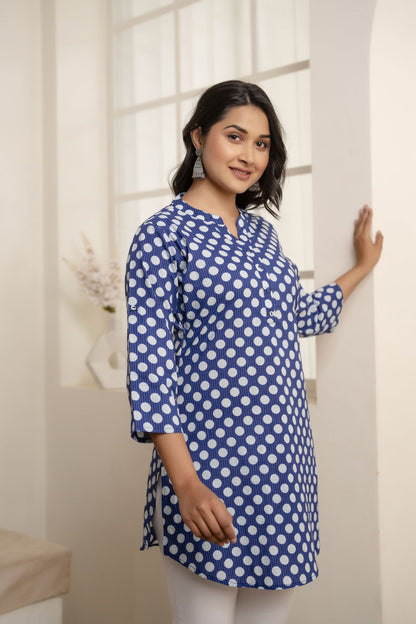 Women Blue Straight Tunic With Three Quarter Sleeves | LASVINI - Redefining Indian Fashion with Elegance