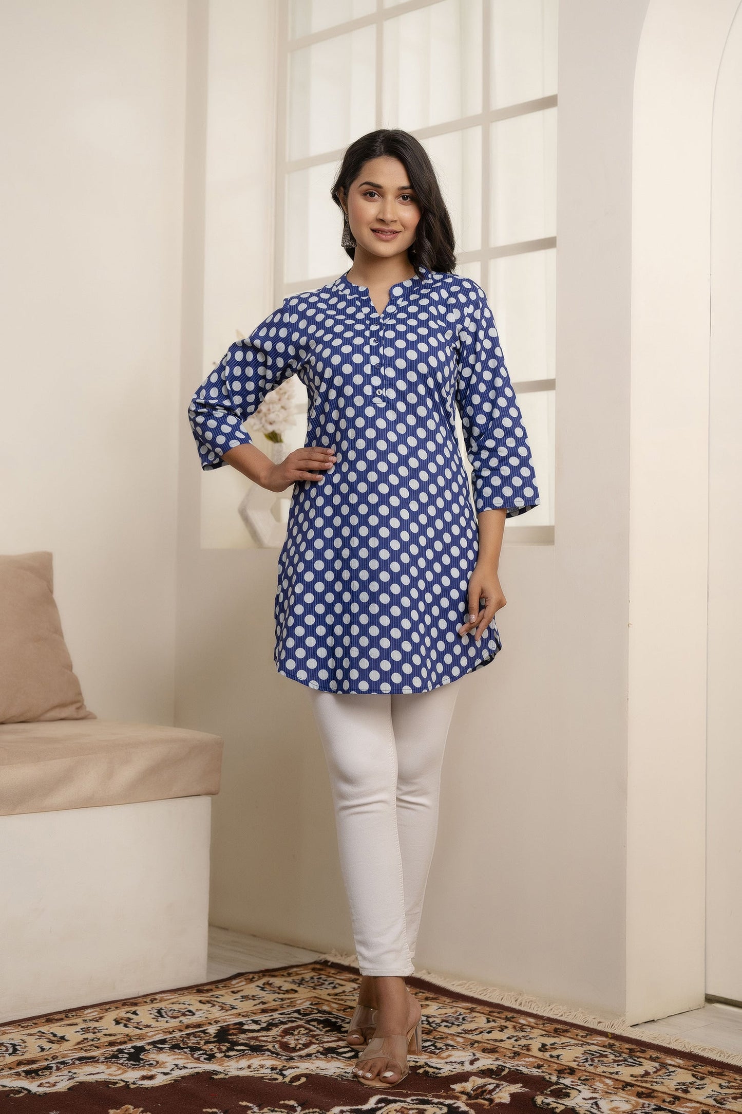 Women Blue Straight Tunic With Three Quarter Sleeves | LASVINI - Redefining Indian Fashion with Elegance