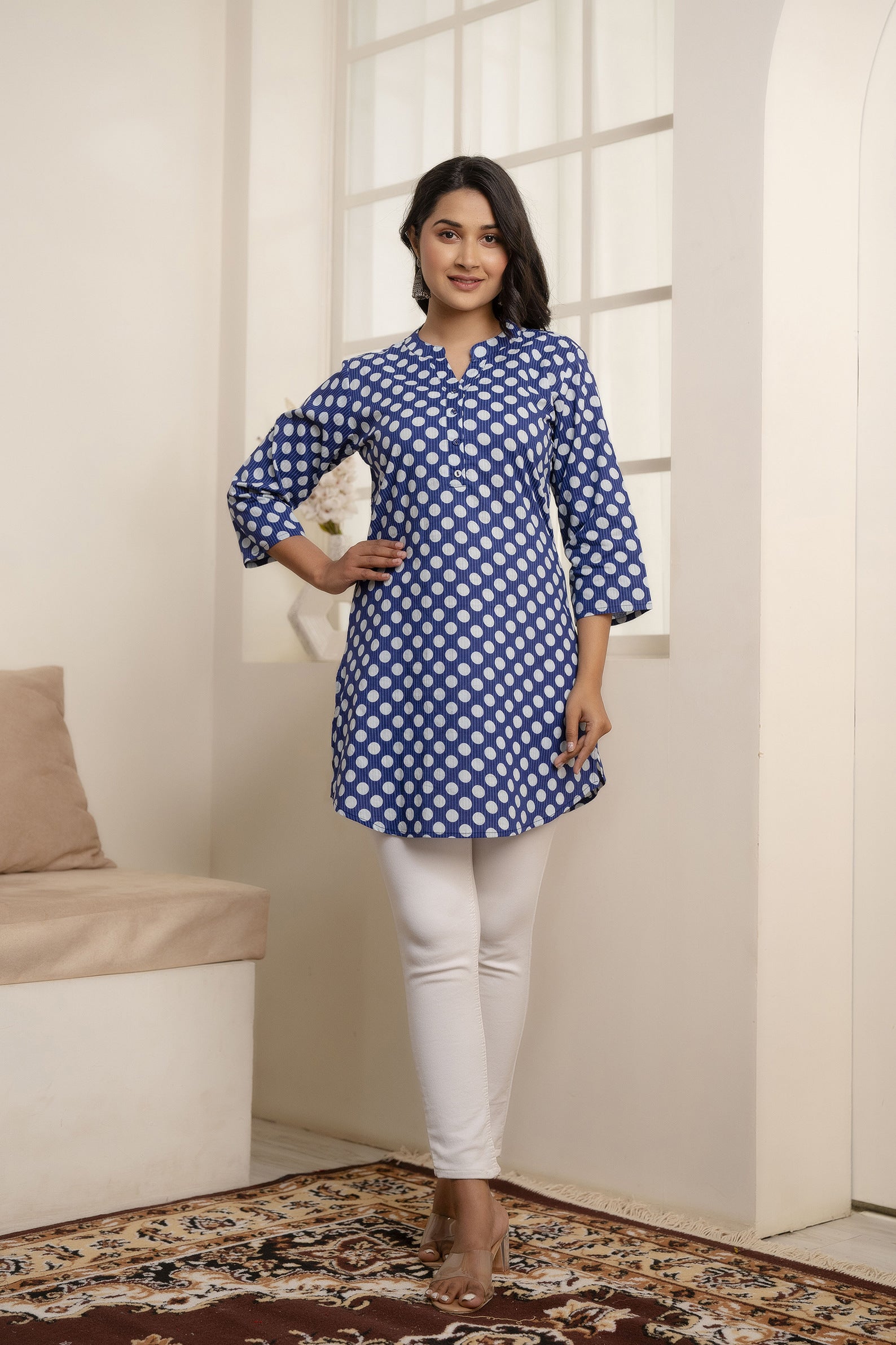 Women Blue Straight Tunic With Three Quarter Sleeves | LASVINI - Redefining Indian Fashion with Elegance