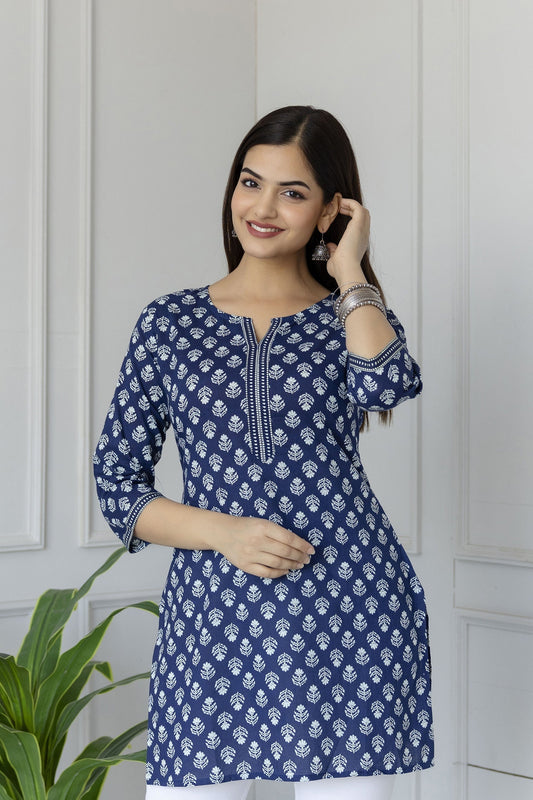 Women Blue Straight Tunic With Three Quarter Sleeves | LASVINI - Redefining Indian Fashion with Elegance