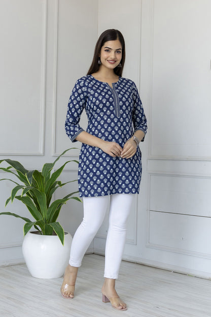 Women Blue Straight Tunic With Three Quarter Sleeves | LASVINI - Redefining Indian Fashion with Elegance