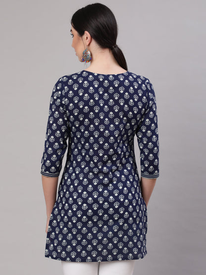 Women Blue Straight Tunic With Three Quarter Sleeves | LASVINI - Redefining Indian Fashion with Elegance