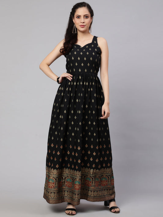 Women Black Ethnic Printed Shoulder Strap Dress | LASVINI - Redefining Indian Fashion with Elegance