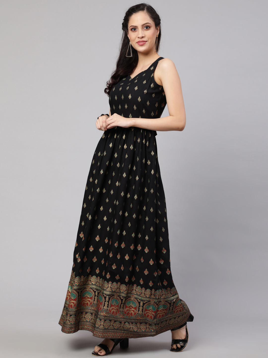 Women Black Ethnic Printed Shoulder Strap Dress | LASVINI - Redefining Indian Fashion with Elegance