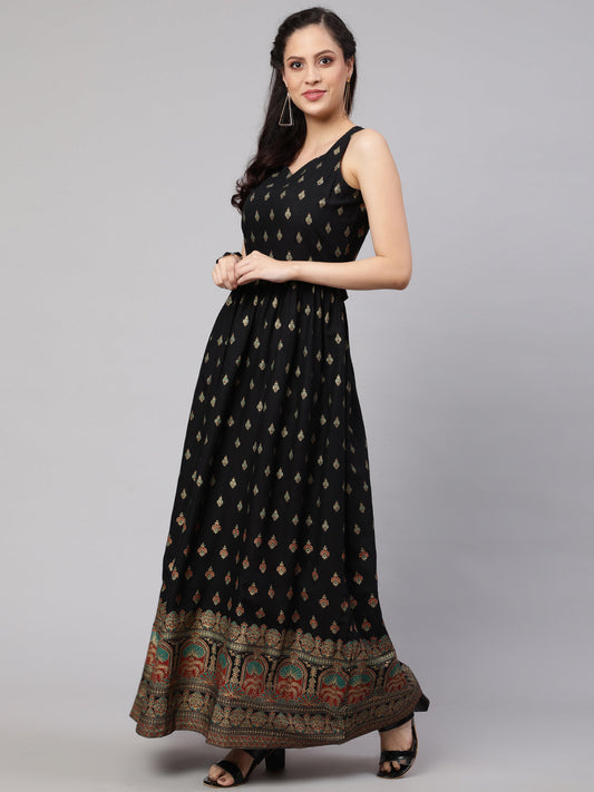 Women Black Ethnic Printed Shoulder Strap Dress | LASVINI - Redefining Indian Fashion with Elegance