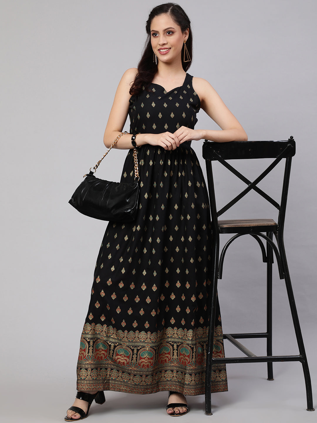 Women Black Ethnic Printed Shoulder Strap Dress | LASVINI - Redefining Indian Fashion with Elegance