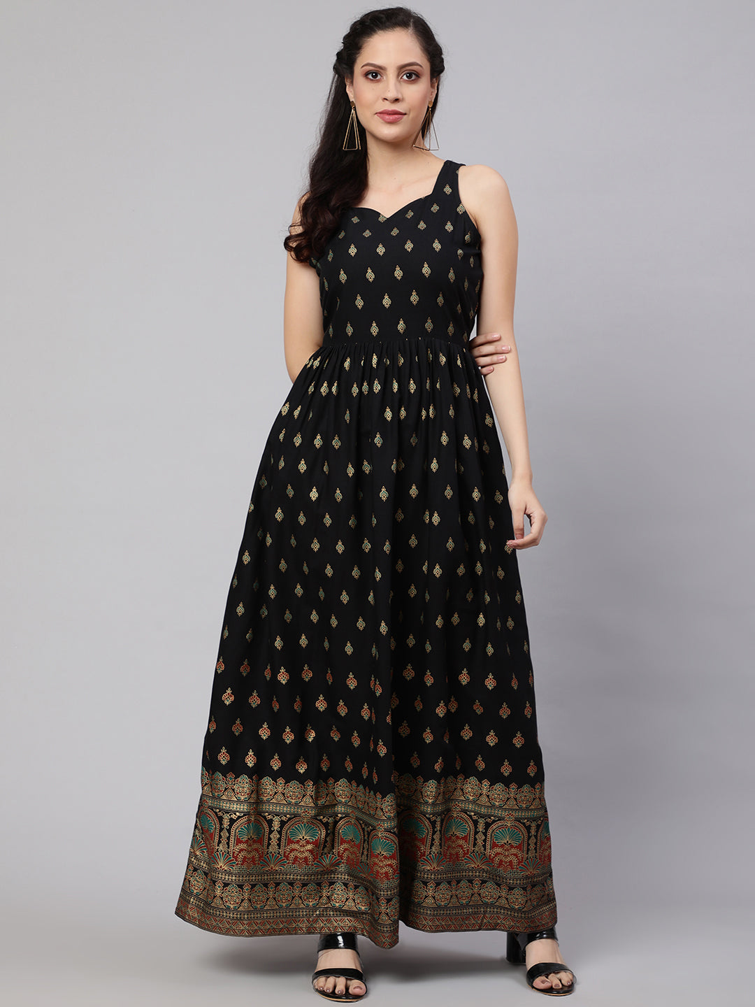 Women Black Ethnic Printed Shoulder Strap Dress | LASVINI - Redefining Indian Fashion with Elegance