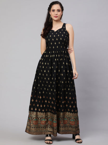 Women Black Ethnic Printed Shoulder Strap Dress | LASVINI - Redefining Indian Fashion with Elegance