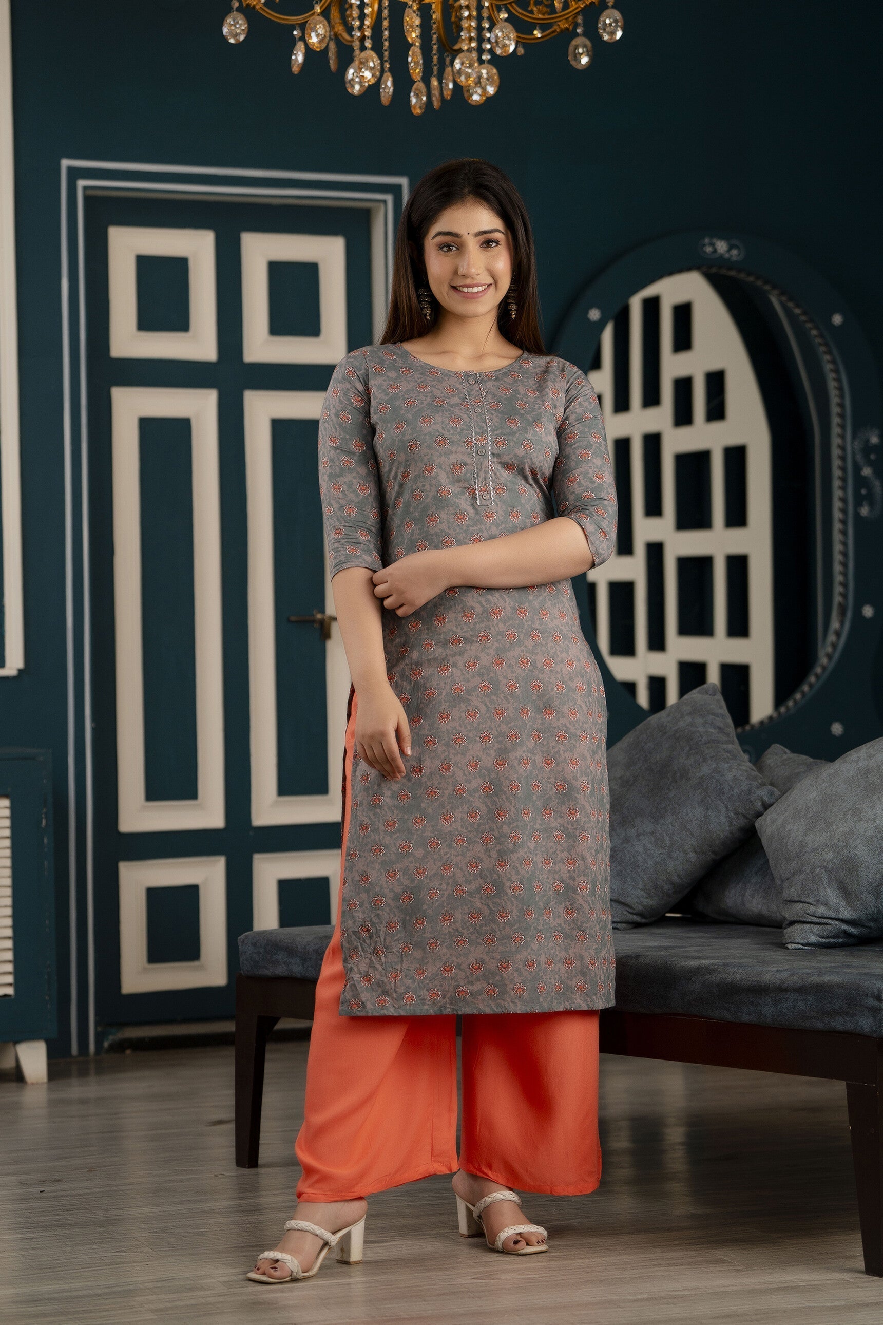 Women Grey Ethnic Printed Straight Kurta With Three Quarter Sleeves | LASVINI - Redefining Indian Fashion with Elegance