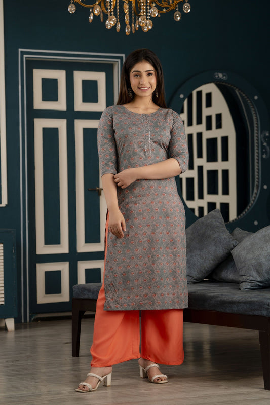 Women Grey Ethnic Printed Straight Kurta With Three Quarter Sleeves | LASVINI - Redefining Indian Fashion with Elegance