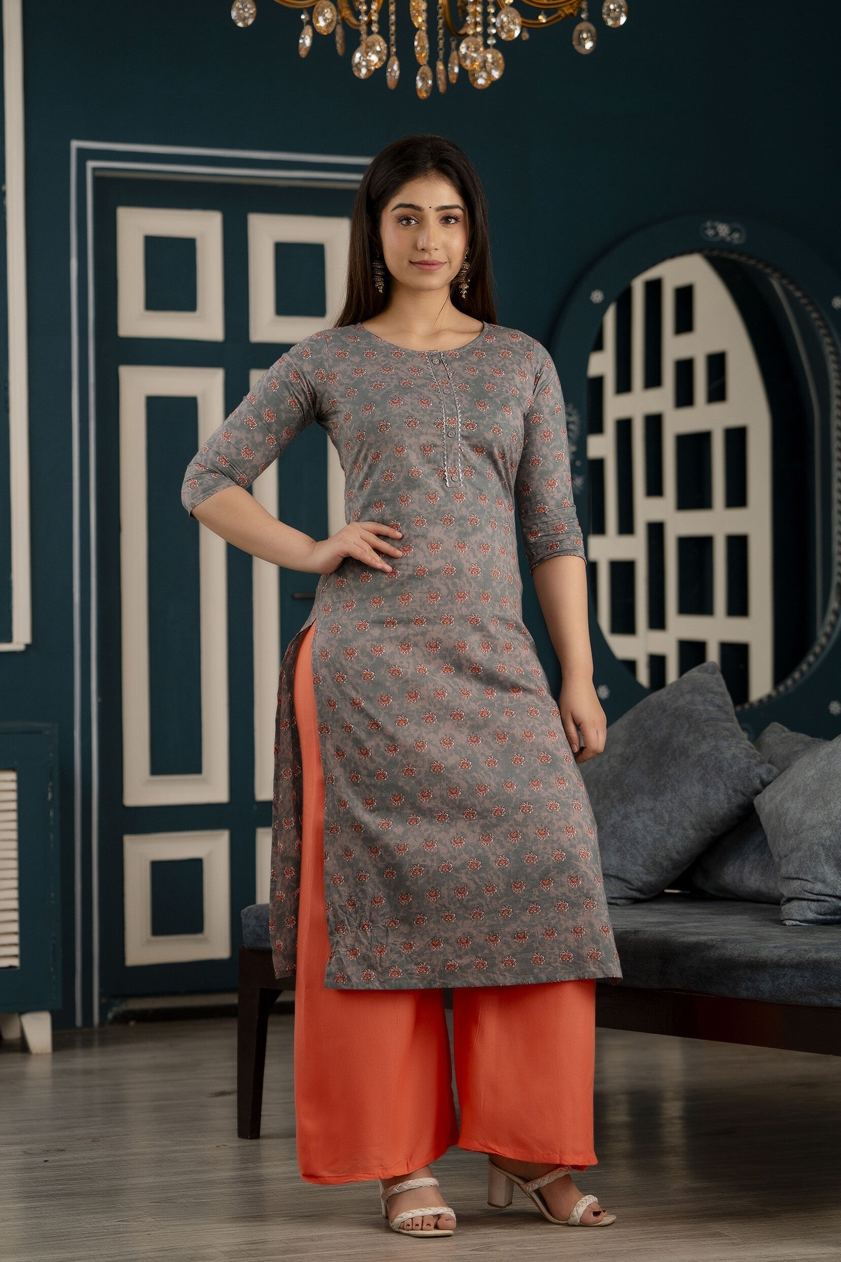 Women Grey Ethnic Printed Straight Kurta With Three Quarter Sleeves | LASVINI - Redefining Indian Fashion with Elegance