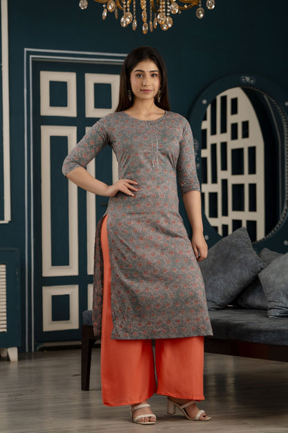 Women Grey Ethnic Printed Straight Kurta With Three Quarter Sleeves | LASVINI - Redefining Indian Fashion with Elegance