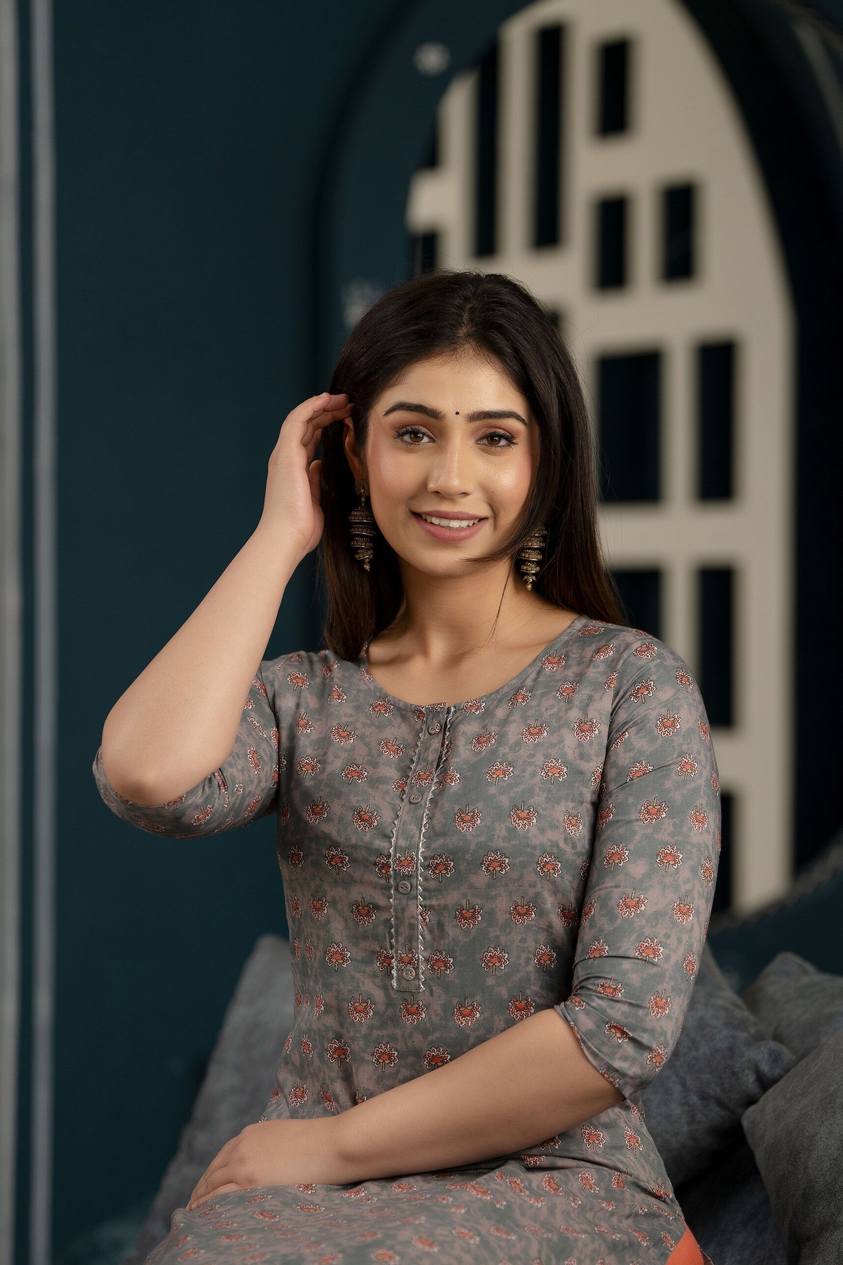 Women Grey Ethnic Printed Straight Kurta With Three Quarter Sleeves | LASVINI - Redefining Indian Fashion with Elegance