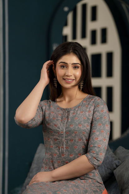Women Grey Ethnic Printed Straight Kurta With Three Quarter Sleeves | LASVINI - Redefining Indian Fashion with Elegance