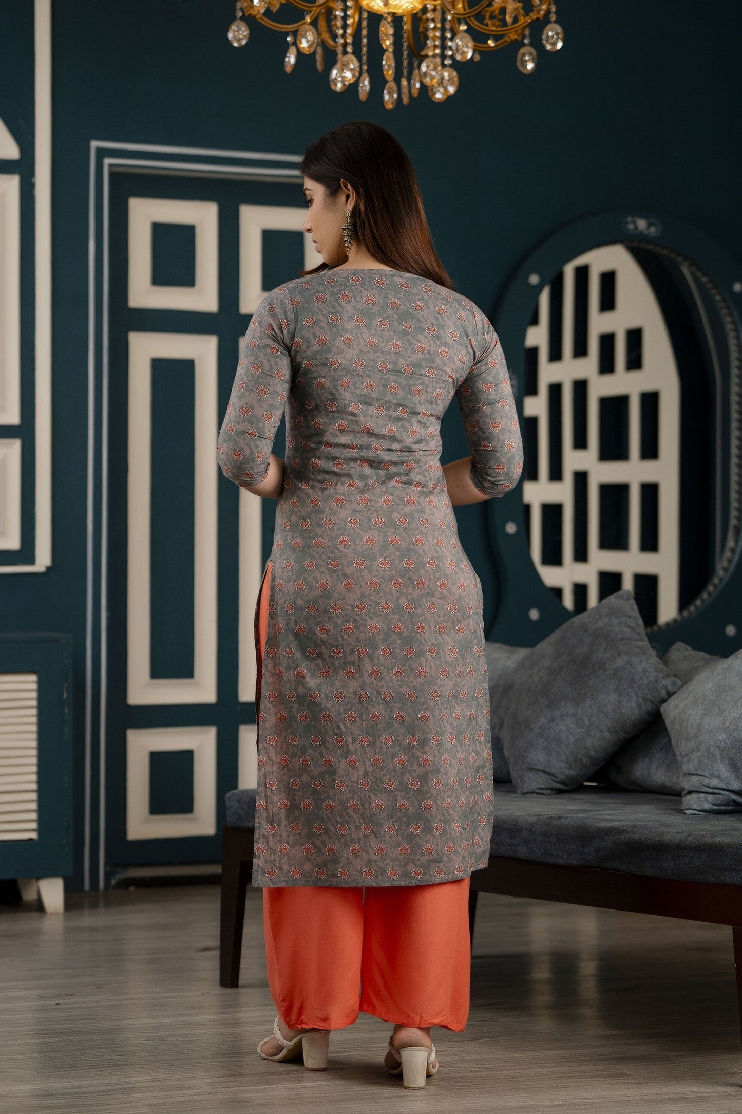 Women Grey Ethnic Printed Straight Kurta With Three Quarter Sleeves | LASVINI - Redefining Indian Fashion with Elegance
