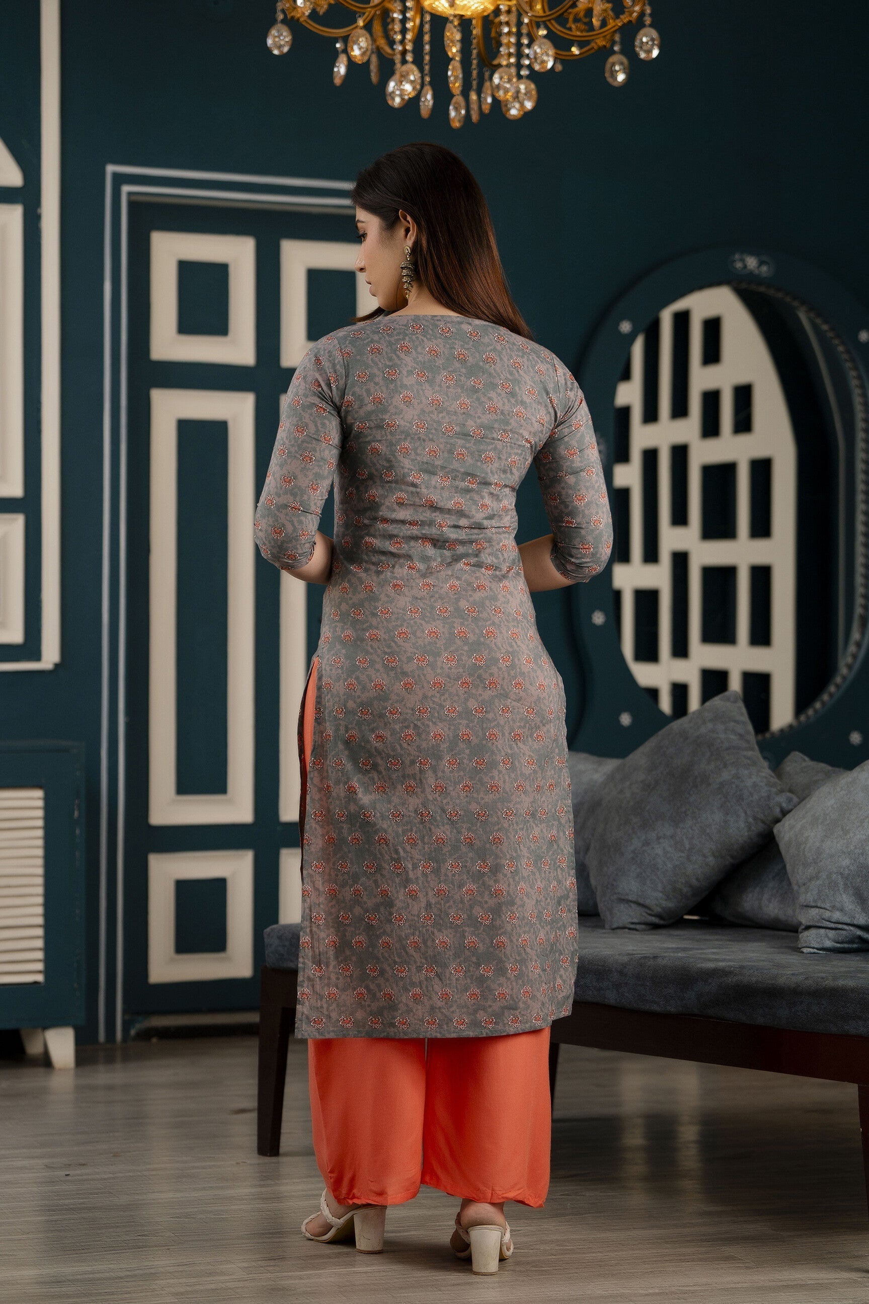 Women Grey Ethnic Printed Straight Kurta With Three Quarter Sleeves | LASVINI - Redefining Indian Fashion with Elegance