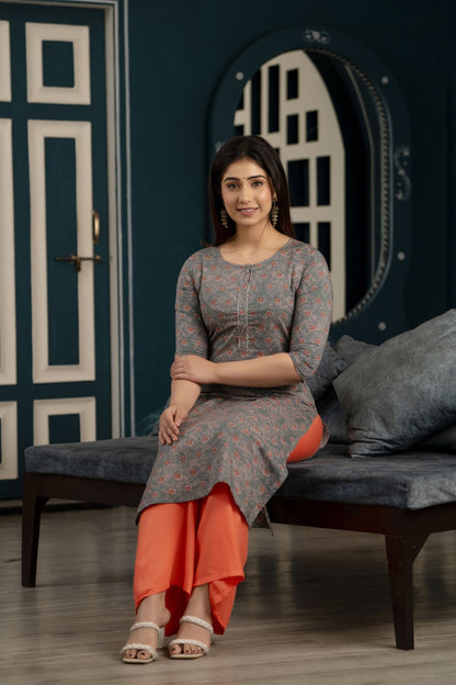 Women Grey Ethnic Printed Straight Kurta With Three Quarter Sleeves | LASVINI - Redefining Indian Fashion with Elegance