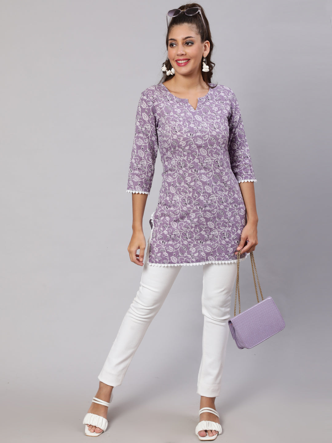 Women Purple Straight Tunic With Three Quarter Sleeves | LASVINI - Redefining Indian Fashion with Elegance
