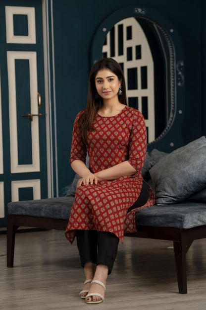 Women Maroon Printed Straight Kurta With Three Quarter Sleeves | LASVINI - Redefining Indian Fashion with Elegance