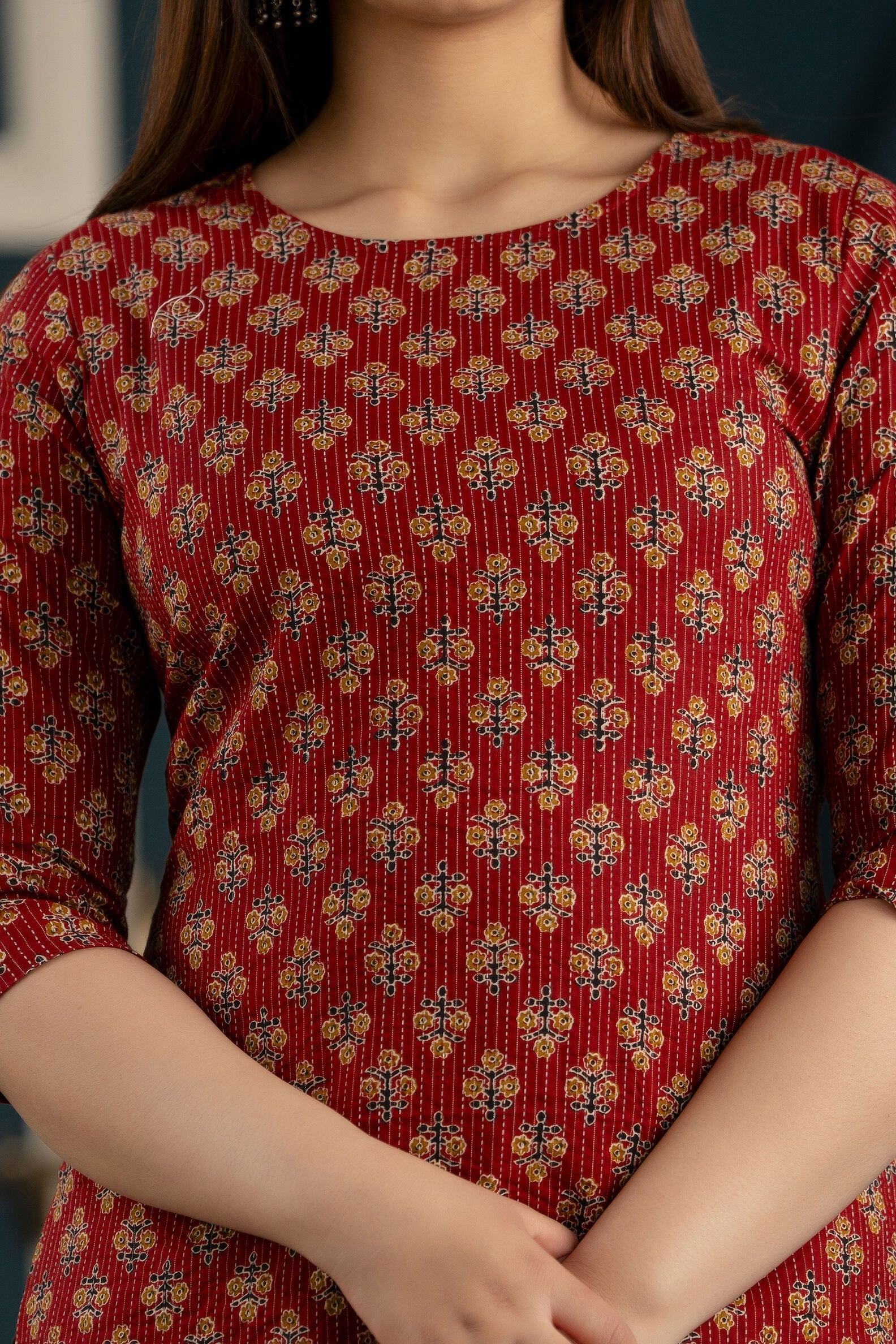 Women Maroon Printed Straight Kurta With Three Quarter Sleeves | LASVINI - Redefining Indian Fashion with Elegance