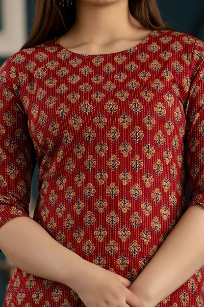 Women Maroon Printed Straight Kurta With Three Quarter Sleeves | LASVINI - Redefining Indian Fashion with Elegance