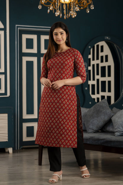 Women Maroon Printed Straight Kurta With Three Quarter Sleeves | LASVINI - Redefining Indian Fashion with Elegance
