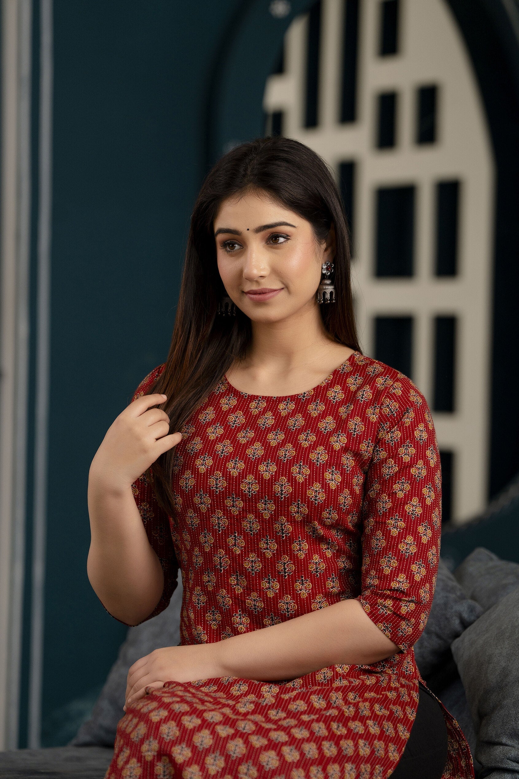 Women Maroon Printed Straight Kurta With Three Quarter Sleeves | LASVINI - Redefining Indian Fashion with Elegance