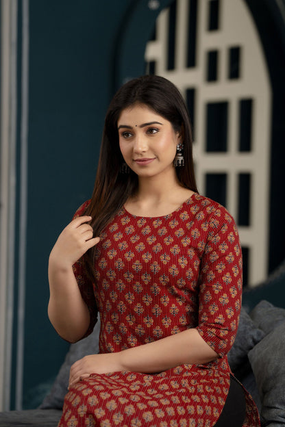 Women Maroon Printed Straight Kurta With Three Quarter Sleeves | LASVINI - Redefining Indian Fashion with Elegance