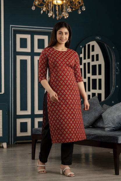 Women Maroon Printed Straight Kurta With Three Quarter Sleeves | LASVINI - Redefining Indian Fashion with Elegance