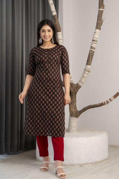 Women Black Printed Straight Kurta With Three Quarter Sleeves | LASVINI - Redefining Indian Fashion with Elegance