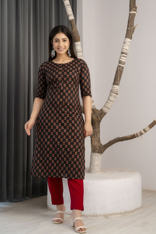 Women Black Printed Straight Kurta With Three Quarter Sleeves | LASVINI - Redefining Indian Fashion with Elegance