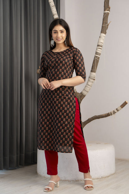 Women Black Printed Straight Kurta With Three Quarter Sleeves | LASVINI - Redefining Indian Fashion with Elegance