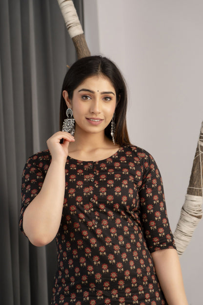 Women Black Printed Straight Kurta With Three Quarter Sleeves | LASVINI - Redefining Indian Fashion with Elegance