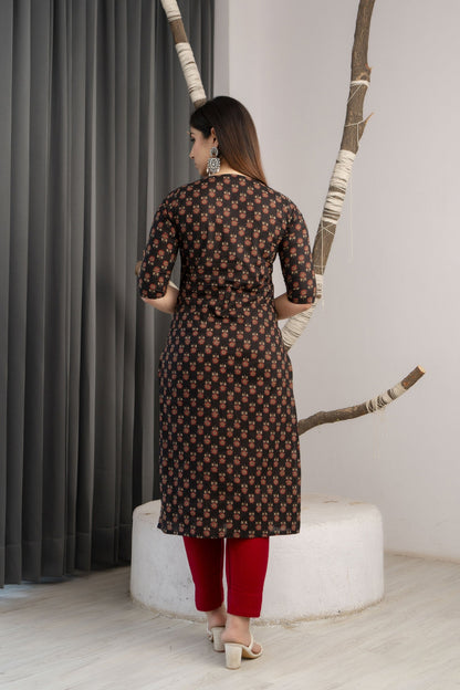 Women Black Printed Straight Kurta With Three Quarter Sleeves | LASVINI - Redefining Indian Fashion with Elegance