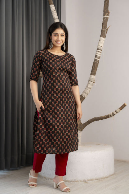 Women Black Printed Straight Kurta With Three Quarter Sleeves | LASVINI - Redefining Indian Fashion with Elegance