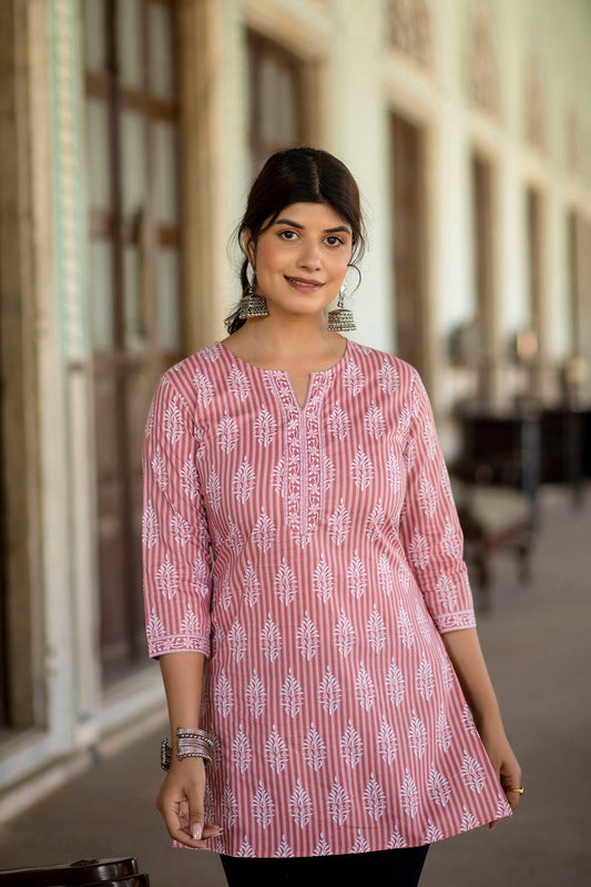Women Pink Straight Tunic With Three Quarter Sleeves | LASVINI - Redefining Indian Fashion with Elegance