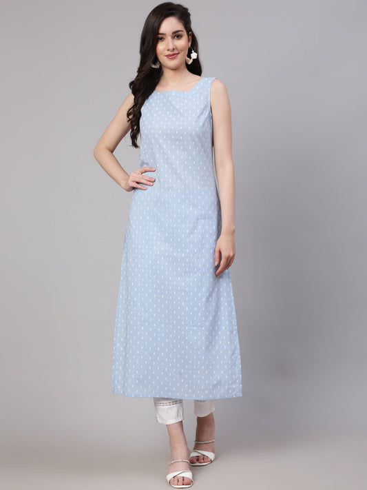 Women Blue Ethnic Printed Straight Sleeveless Kurta | LASVINI - Redefining Indian Fashion with Elegance