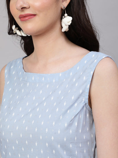 Women Blue Ethnic Printed Straight Sleeveless Kurta | LASVINI - Redefining Indian Fashion with Elegance