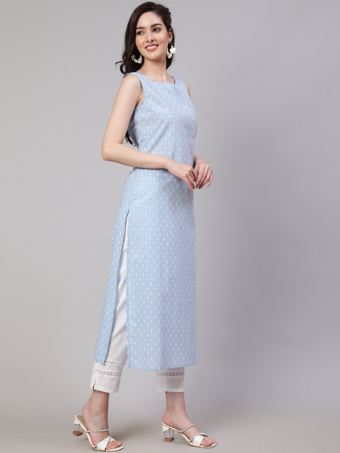 Women Blue Ethnic Printed Straight Sleeveless Kurta | LASVINI - Redefining Indian Fashion with Elegance