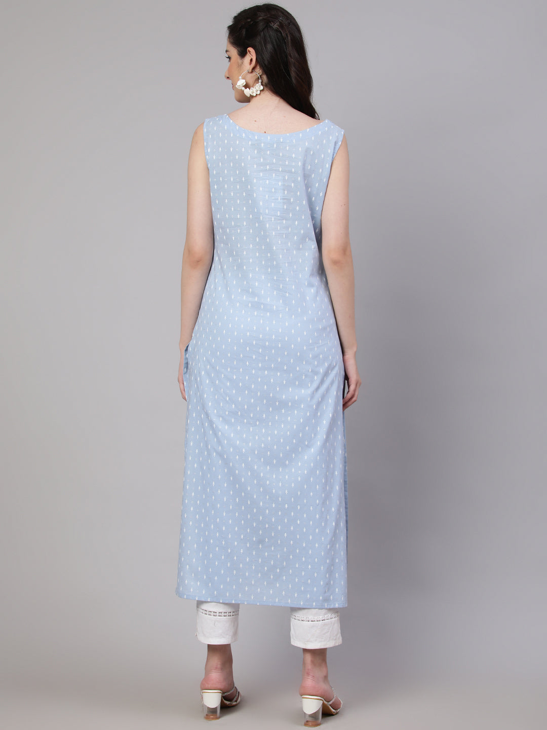 Women Blue Ethnic Printed Straight Sleeveless Kurta | LASVINI - Redefining Indian Fashion with Elegance