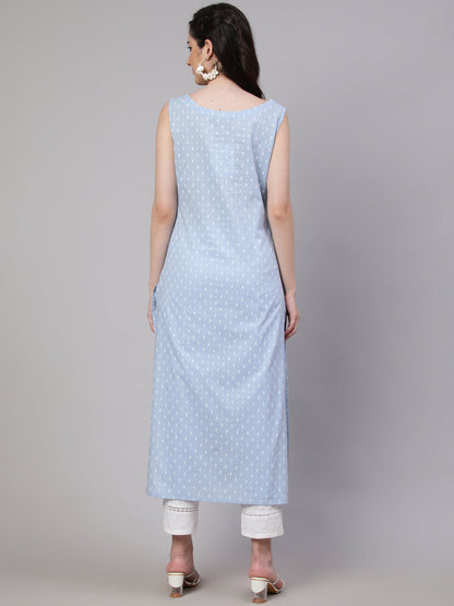 Women Blue Ethnic Printed Straight Sleeveless Kurta | LASVINI - Redefining Indian Fashion with Elegance