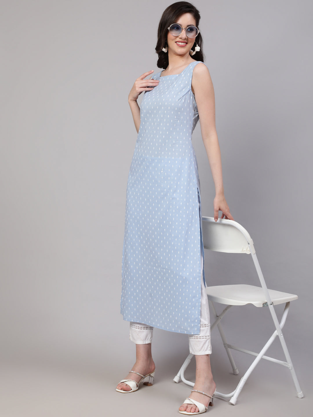 Women Blue Ethnic Printed Straight Sleeveless Kurta | LASVINI - Redefining Indian Fashion with Elegance